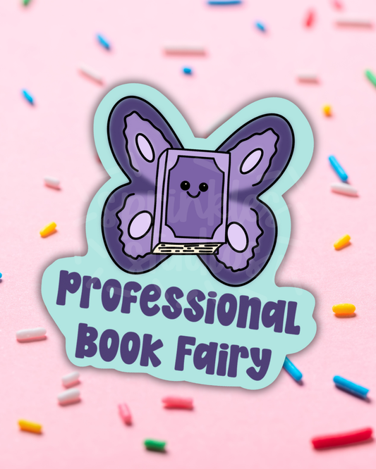 Sticker of a purple butterfly with a book and 'Professional Book Fairy' text on a pink background with colorful sprinkles.