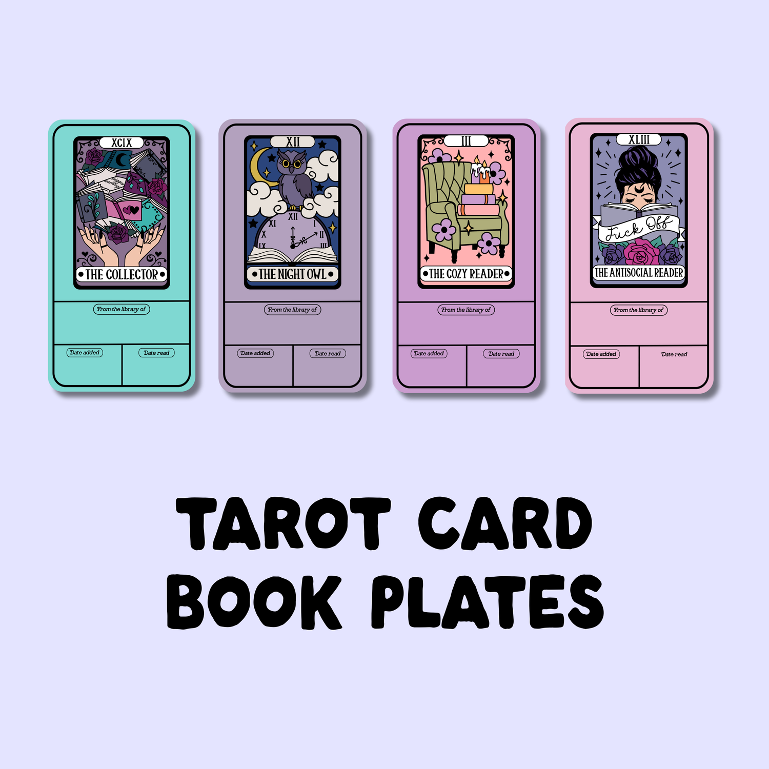 Four tarot card book plates with colorful designs on a light purple background.