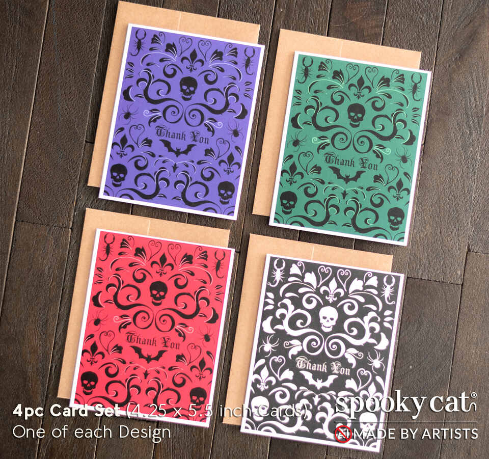 Gothic Thank You Card Set | Skull Damask Stationery – 4 Pack