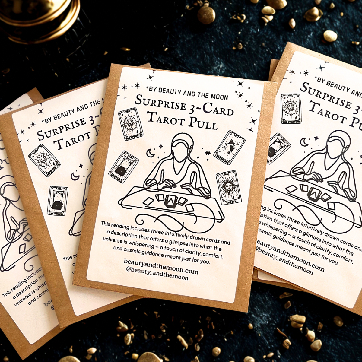 Tarot cards with a tarot reader illustration and text on a dark surface with decorative elements.