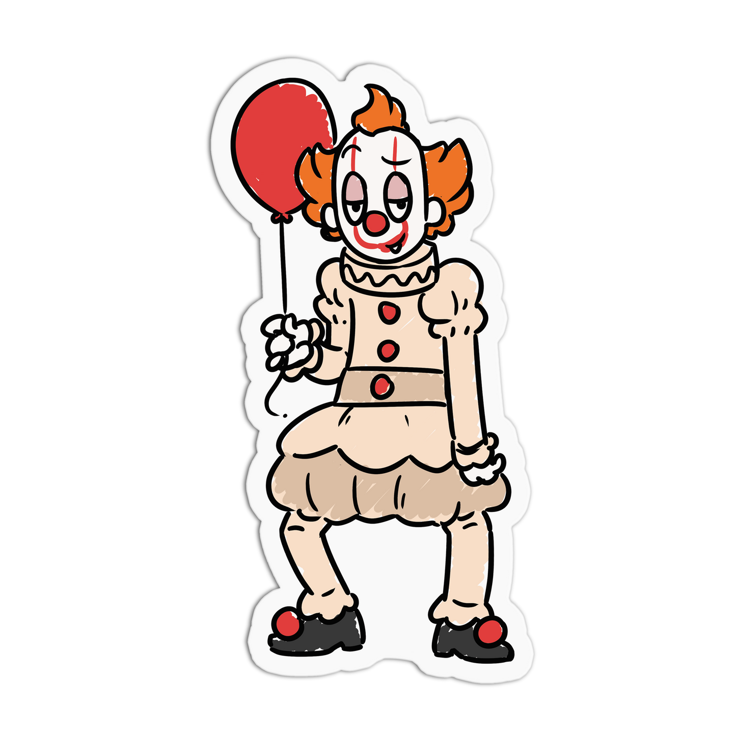 A die-cut vinyl sticker featuring a stylized cartoon illustration of Pennywise the Clown holding a red balloon, shown on a plain white background.