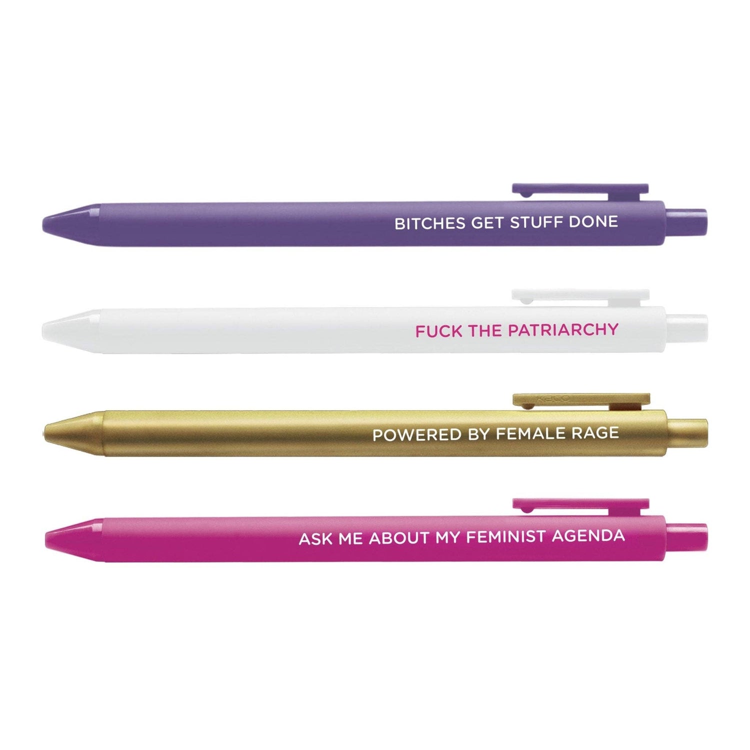 Four pens with feminist-themed text on a white background