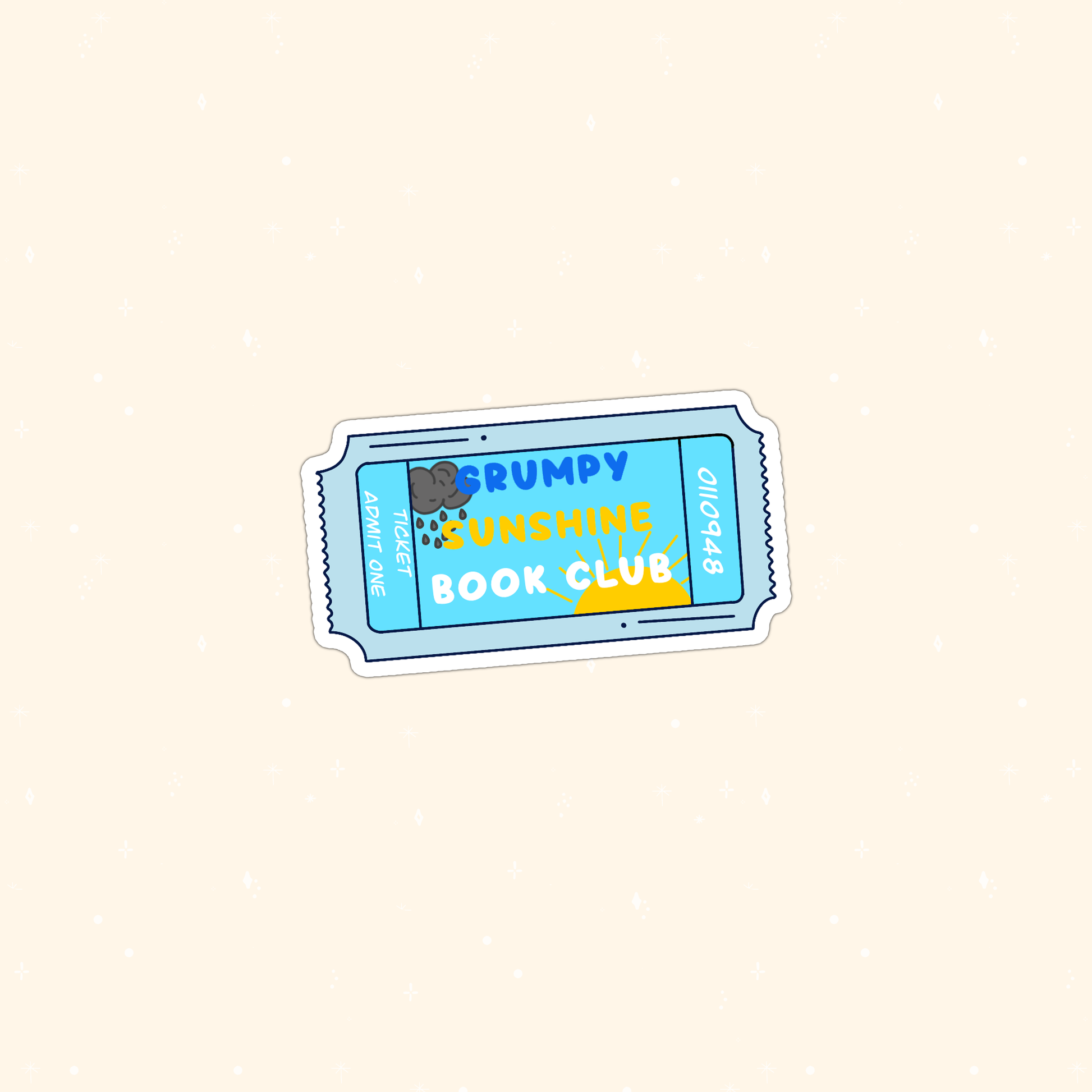 A die-cut sticker shaped like a retro movie ticket, featuring the text 'GRUMPY SUNSHINE BOOK CLUB' in blue and yellow on a light blue background, shown on a warm cream-colored backdrop.