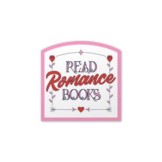 A decorative sign with a pink border and the text 'READ Romance BOOKS' in stylized red and purple lettering, surrounded by small floral and heart illustrations, on a white background.