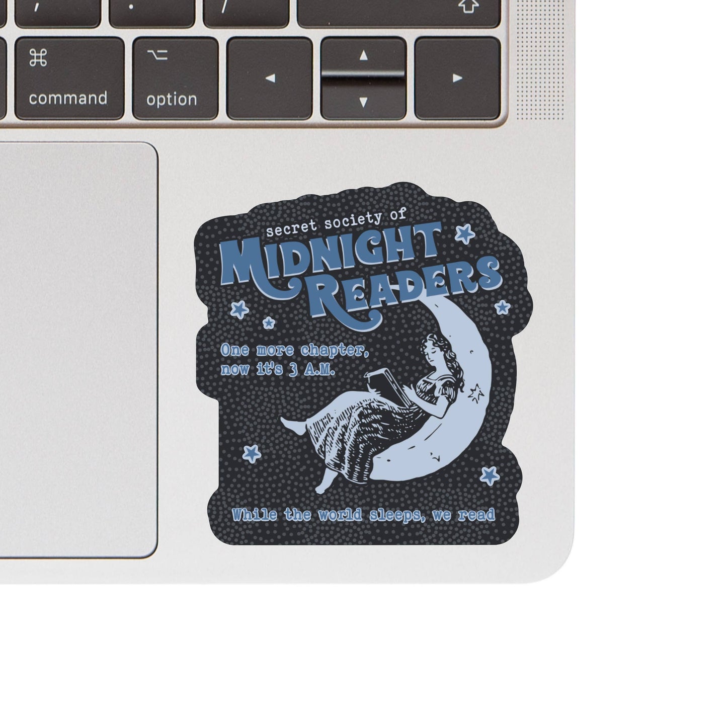 Sticker with 'Secret Society of Midnight Readers' design on a laptop