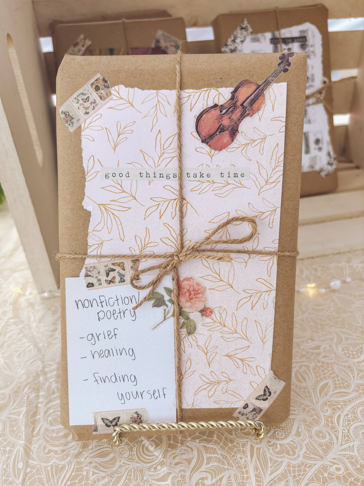 Packaged product with floral design and text on a textured surface