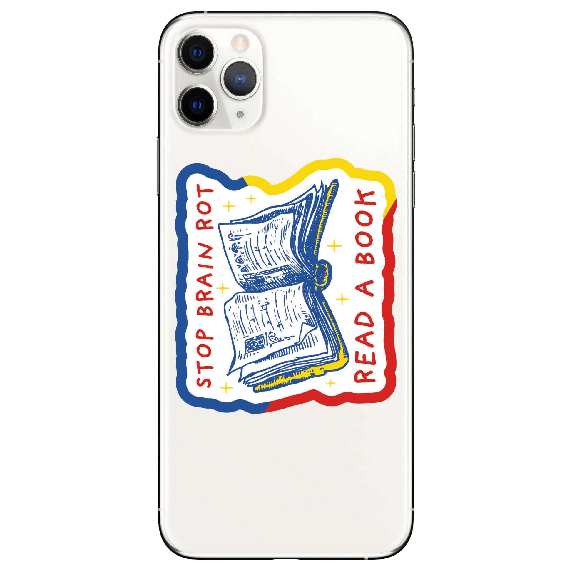 Phone case with a design of an open book and text 'Stop Brain Rot Read a Book' on a white background