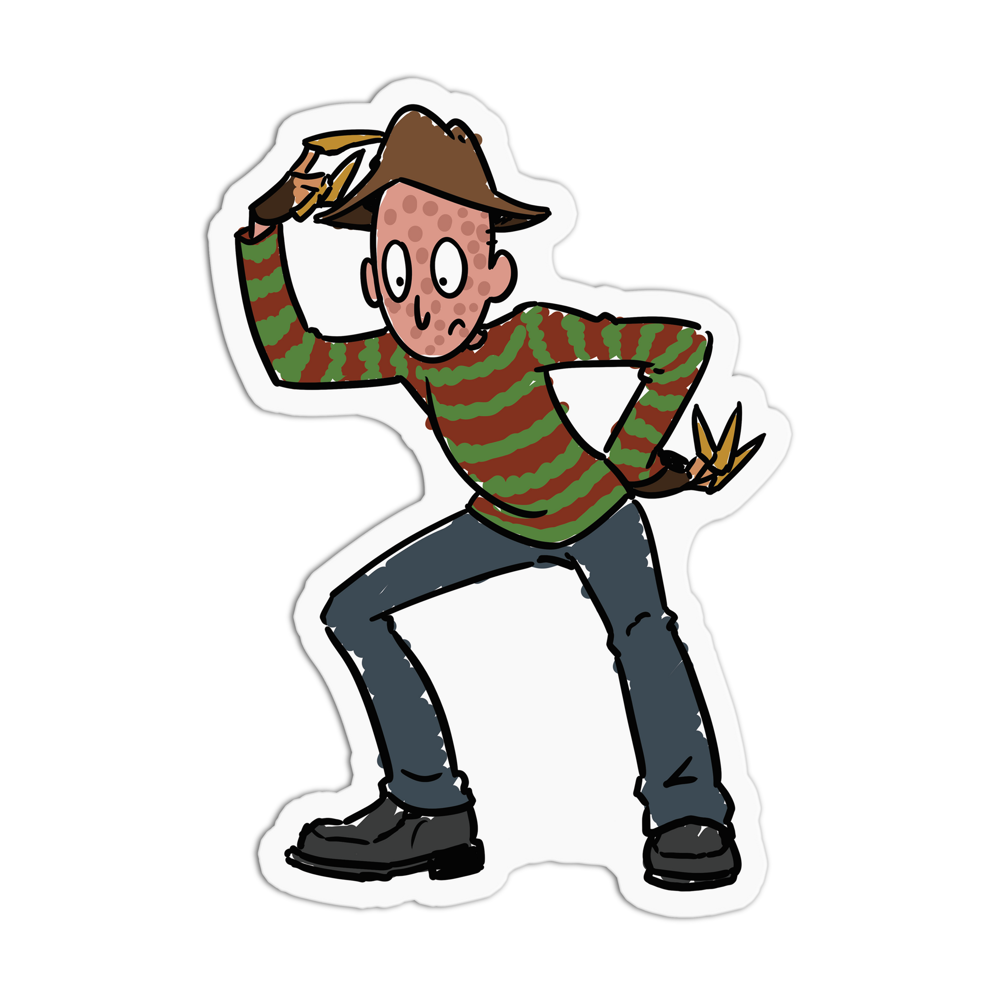 A die-cut cartoon sticker of a horror character in a crouched pose, wearing a brown hat, green and red striped sweater, dark blue pants, and black boots, with clawed gloves and a red spotted mask, shown on a black background.