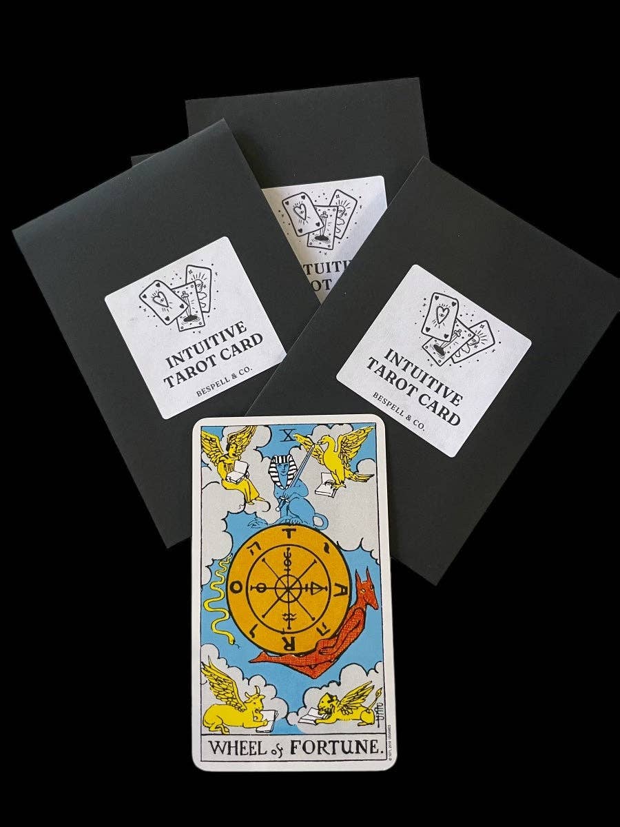 Tarot card with 'Wheel of Fortune' design on a black background