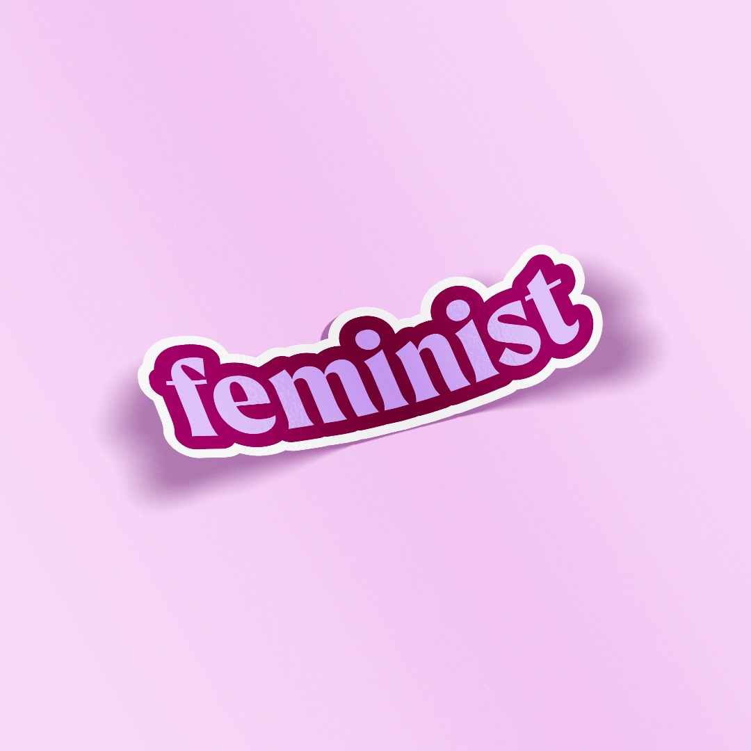 Sticker with 'feminist' text on a pink background