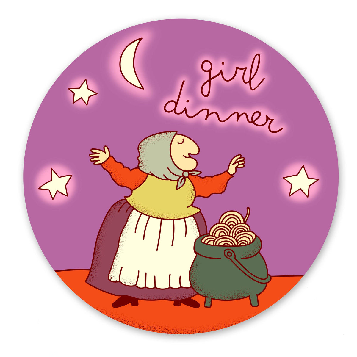 Circular sticker with a fairy tale character, pot of gold, and 'girl dinner' text on a purple background.