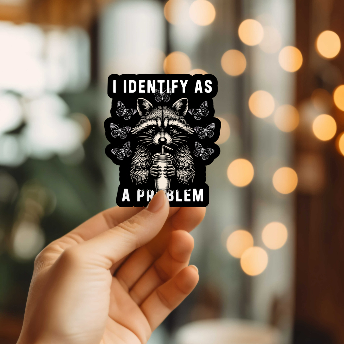 Hand holding a sticker with a raccoon illustration and text against a blurred bokeh background