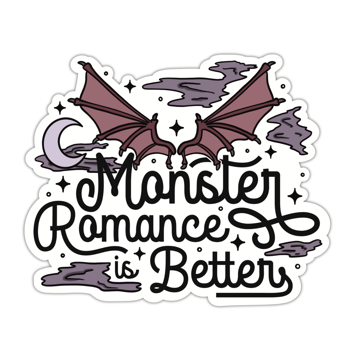 A die-cut sticker featuring a gothic-style illustration of two bats, a crescent moon, stars, and clouds, with the text 'Monster Romance is Better' in black script, shown on a plain white background.