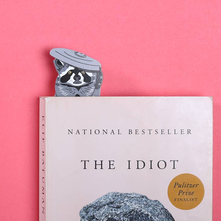 Book titled 'The Idiot' with a raccoon-shaped object on a pink background