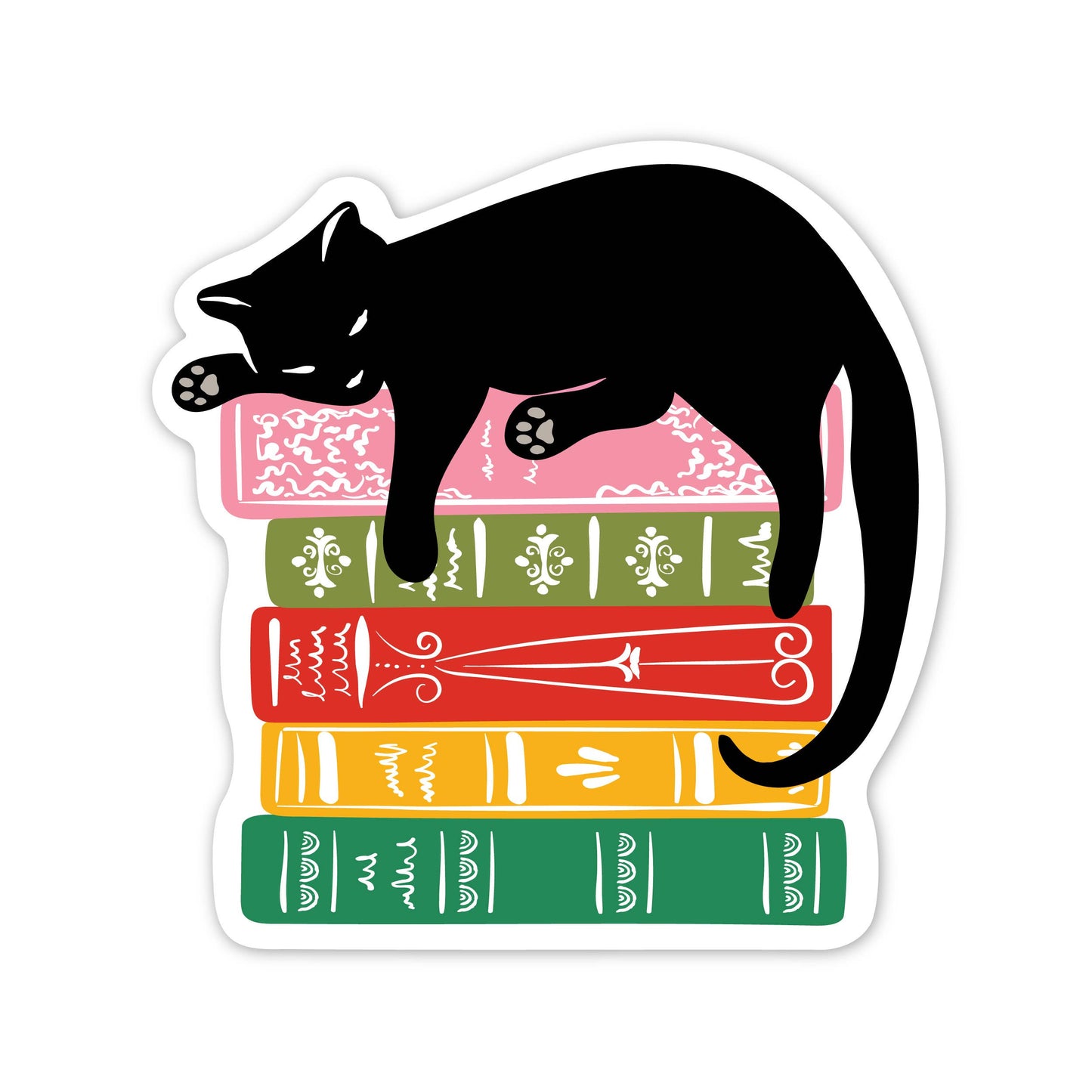A die-cut sticker featuring a black cat silhouette draped over a stack of five colorful books with white decorative spines, shown on a plain white background.