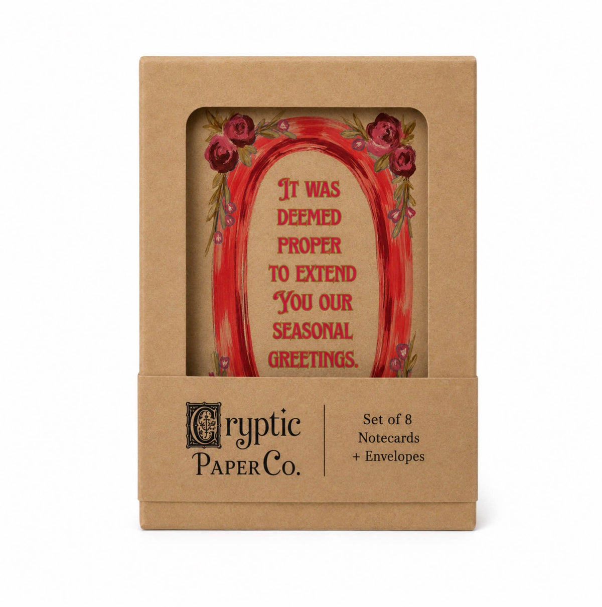 Cryptic Paper Co. set of 8 notecards and envelopes in a brown kraft paper box with a clear window showing a red vintage-style notecard insert.