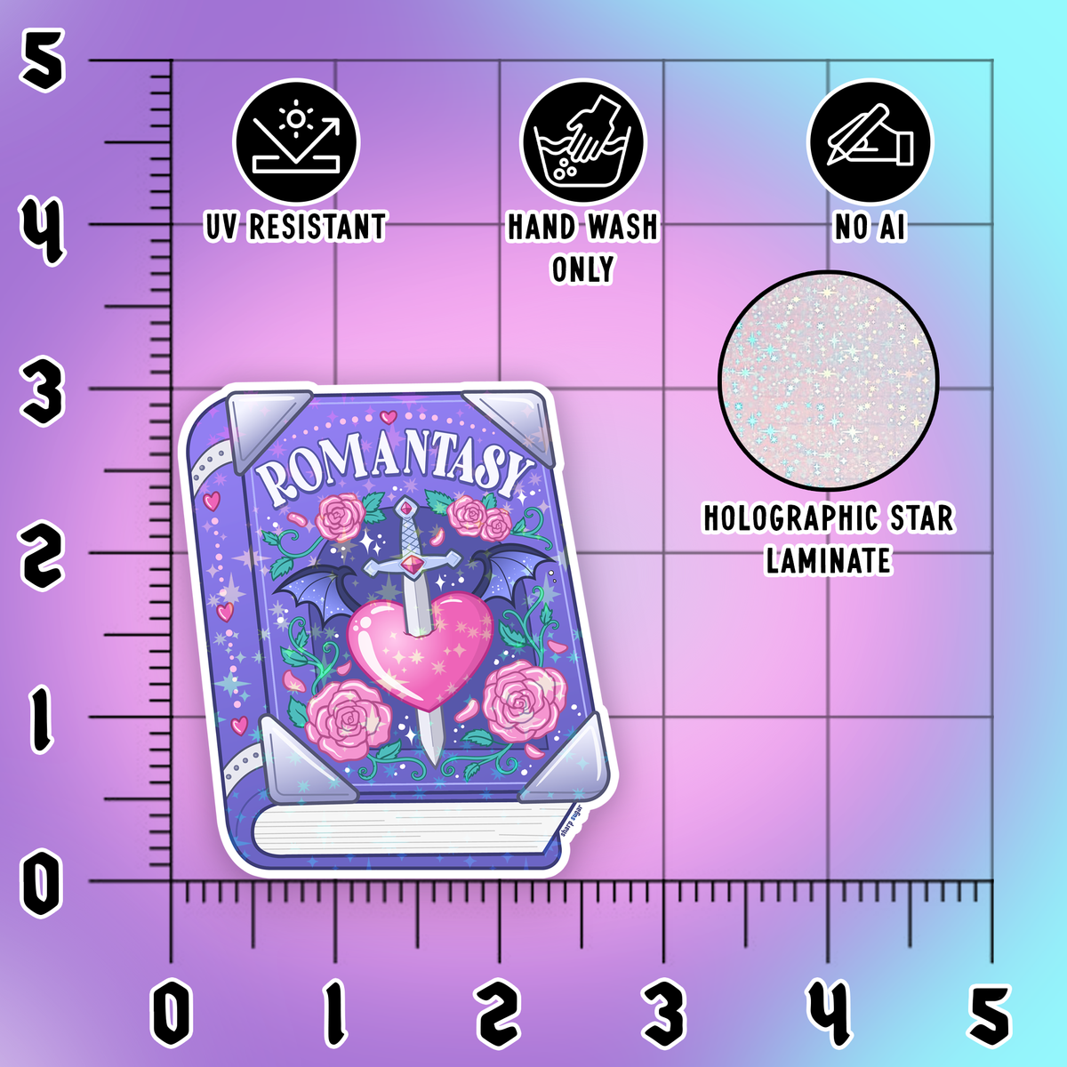 Product packaging with 'Romantasy' design on a gradient background with product features listed.