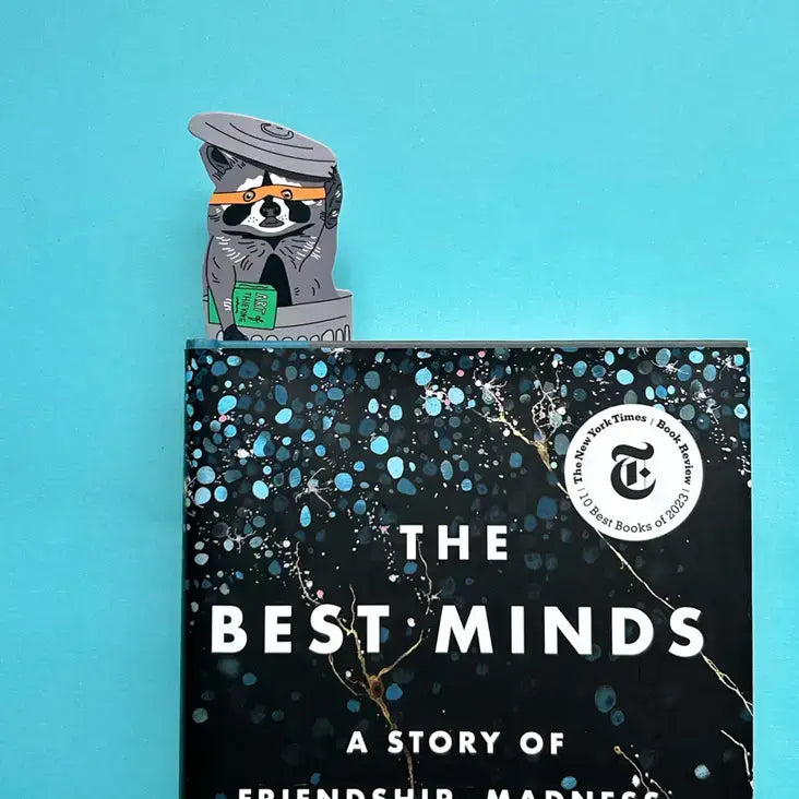 Book titled 'The Best Minds' with a raccoon illustration on a blue background