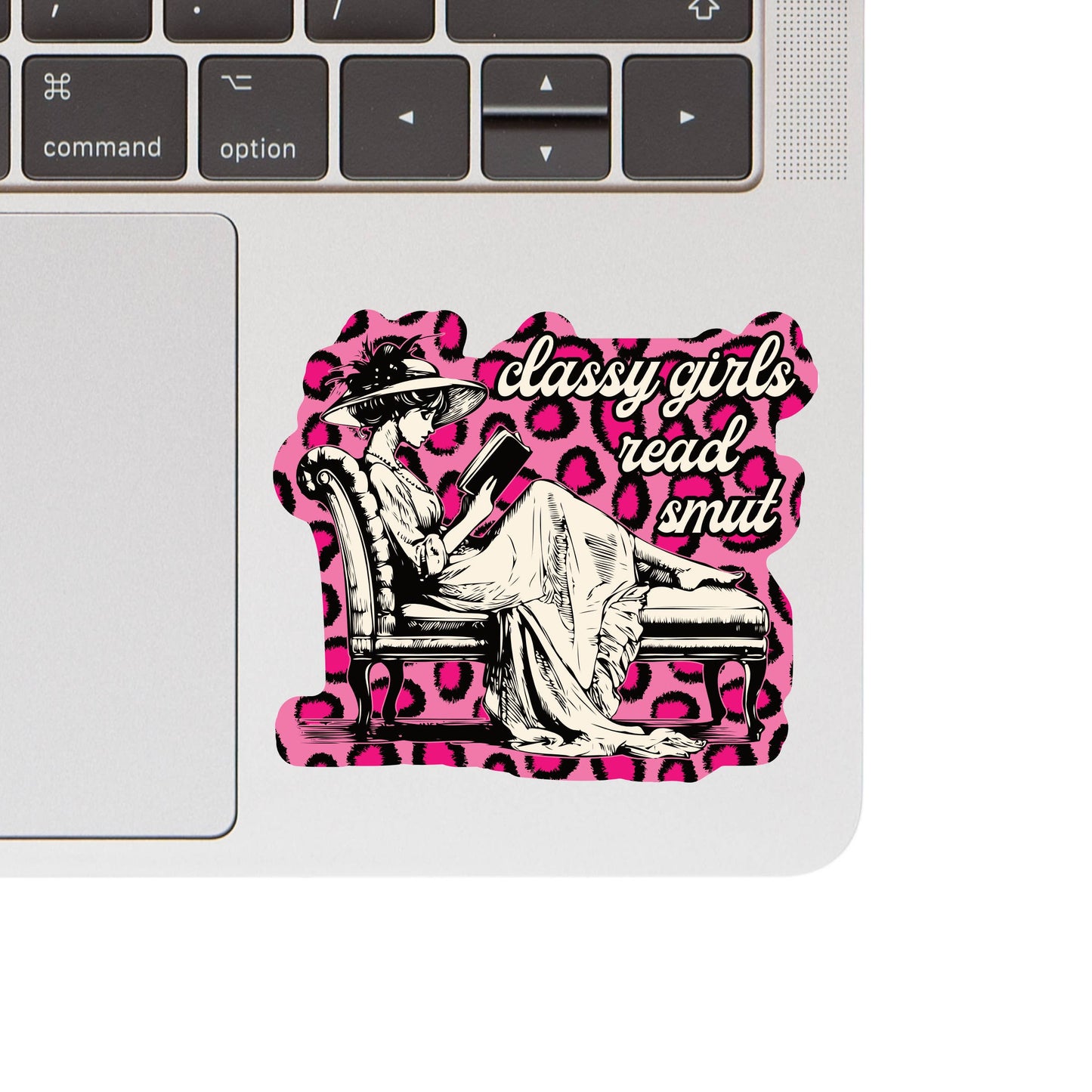 Sticker with a design of a woman reading a book and text 'classy girls read smut' on a pink leopard print background, attached to a laptop.
