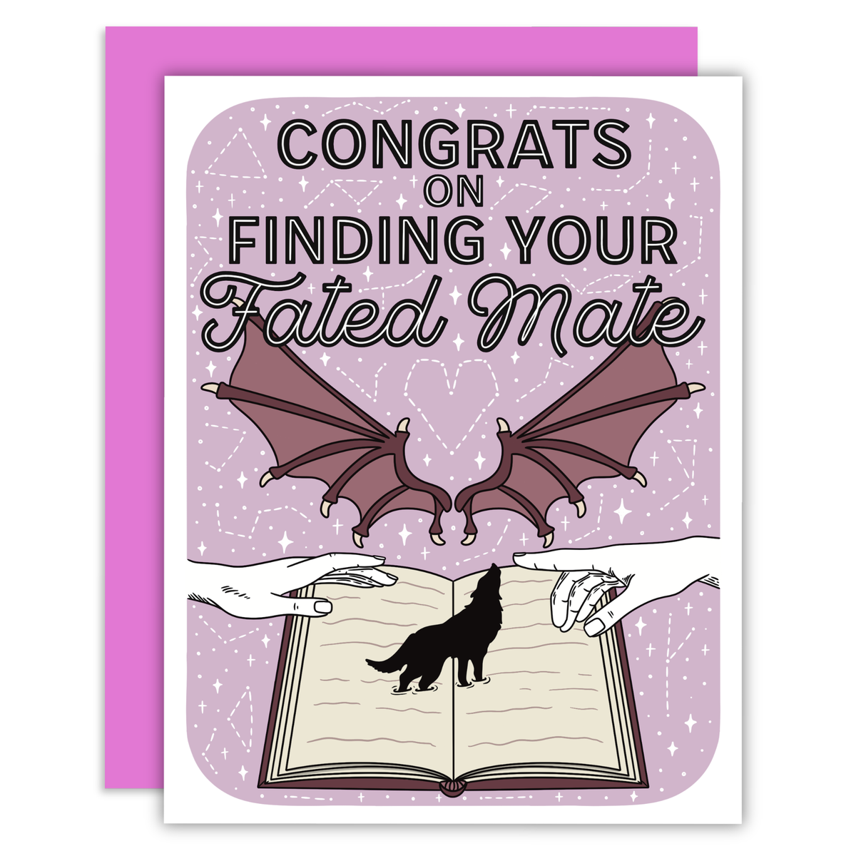 Greeting card with two bat-like creatures and an open book with a wolf silhouette on a purple background.