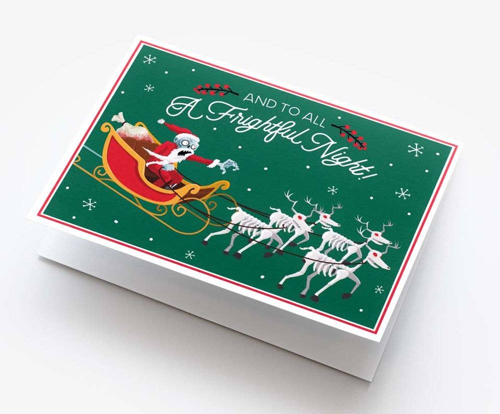 A Christmas greeting card or gift box featuring Santa Claus in a red sleigh being pulled by white reindeer on a dark green background with the text 'AND TO ALL A Frightful Night!'.