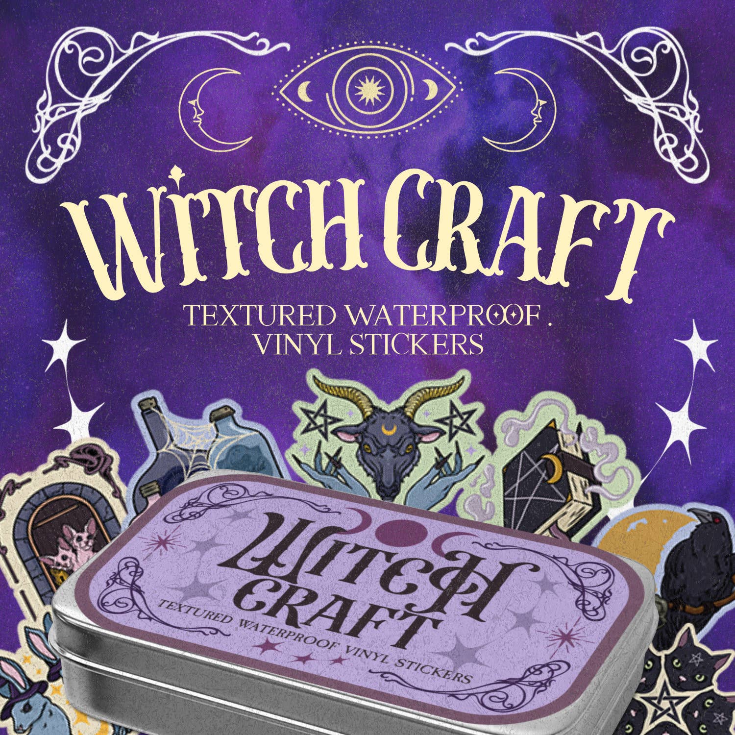Witch Craft vinyl stickers packaging with purple background and witchcraft-themed design.