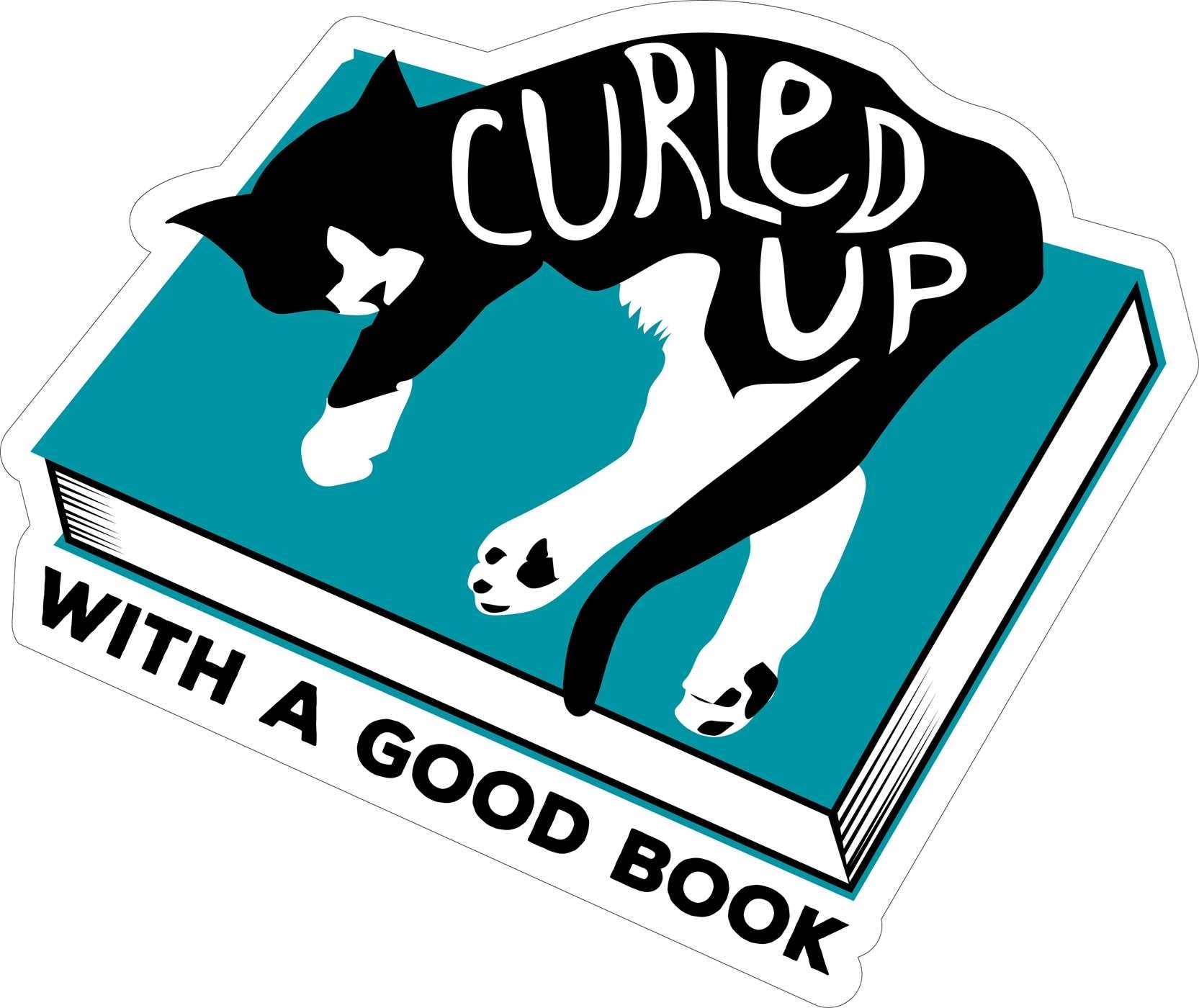 Sticker with a cat curled up on a book and text 'Curled Up with a Good Book' on a white background