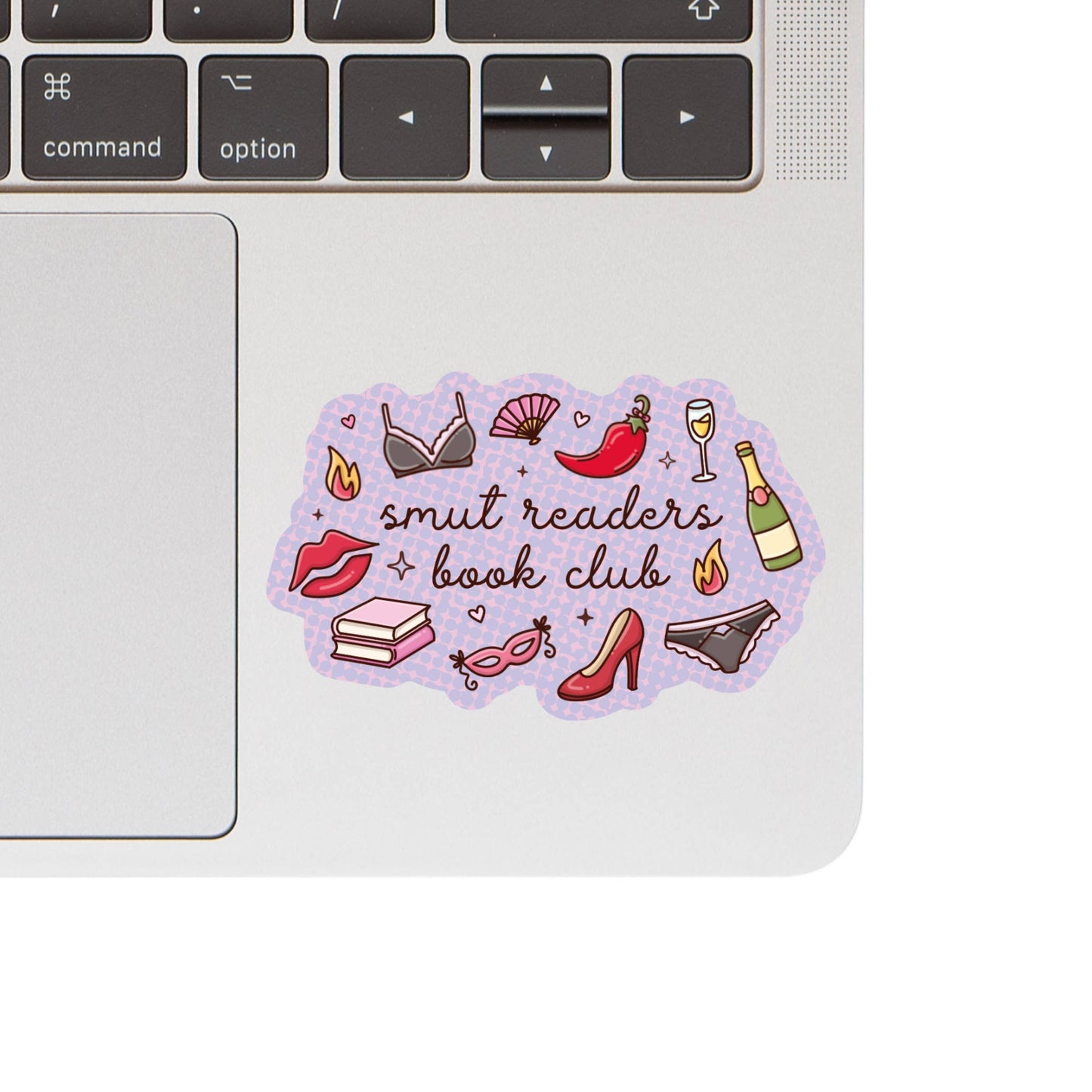 Sticker with 'smut readers book club' text and graphics on a laptop