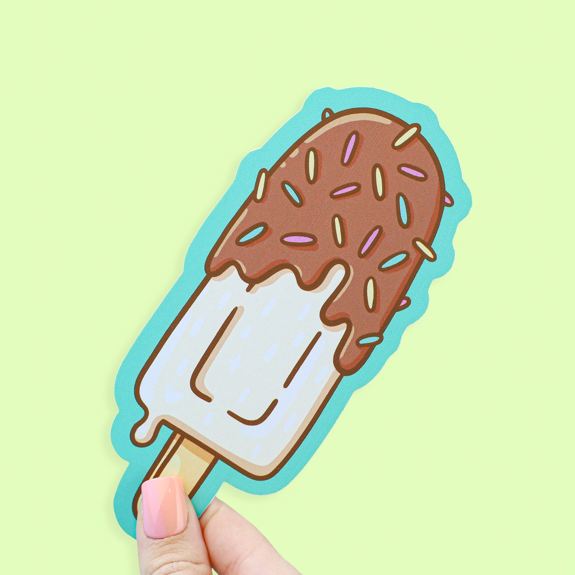 Cartoon-style ice cream popsicle with chocolate sauce and sprinkles on a light green background