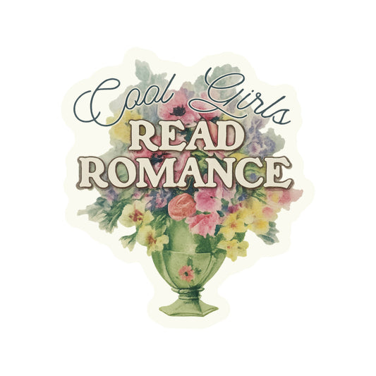 Decorative sticker with flowers and text 'Cool Girls Read Romance' on a white background