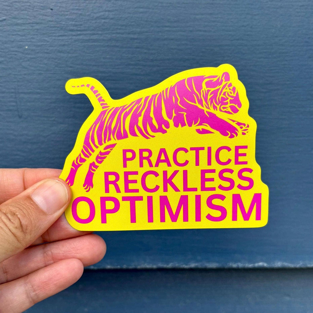 Sticker with a pink tiger and text 'Practice Reckless Optimism' held against a blue background