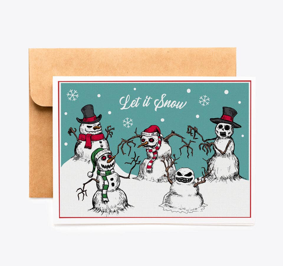 A square greeting card with a kraft envelope behind it, featuring a winter scene with five cartoon snowmen and the words 'Let it Snow' on a teal background.