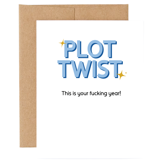 Card with 'Plot Twist' text and a brown border on a white background