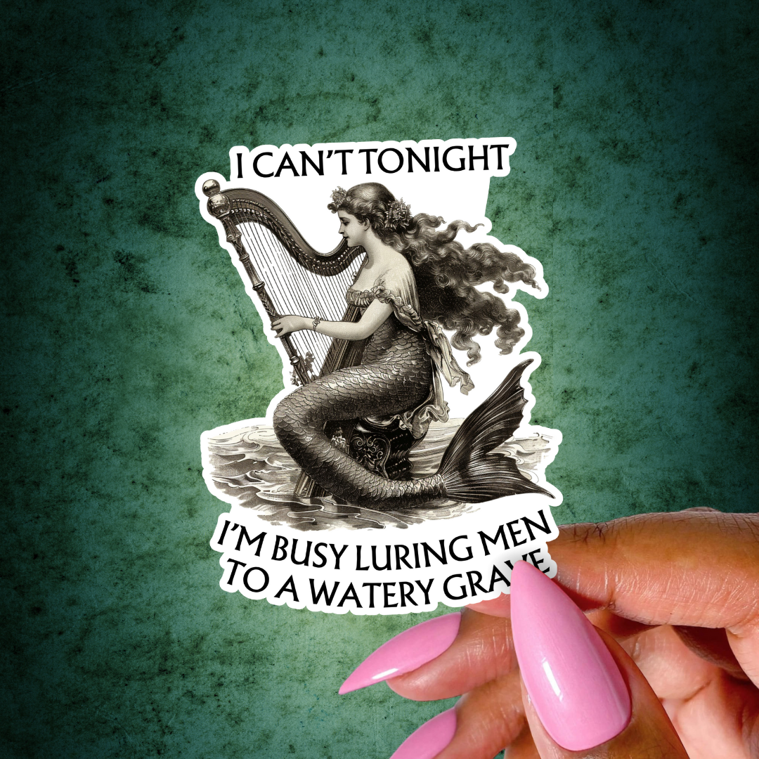 Mermaid holding a harp with text on a textured green background