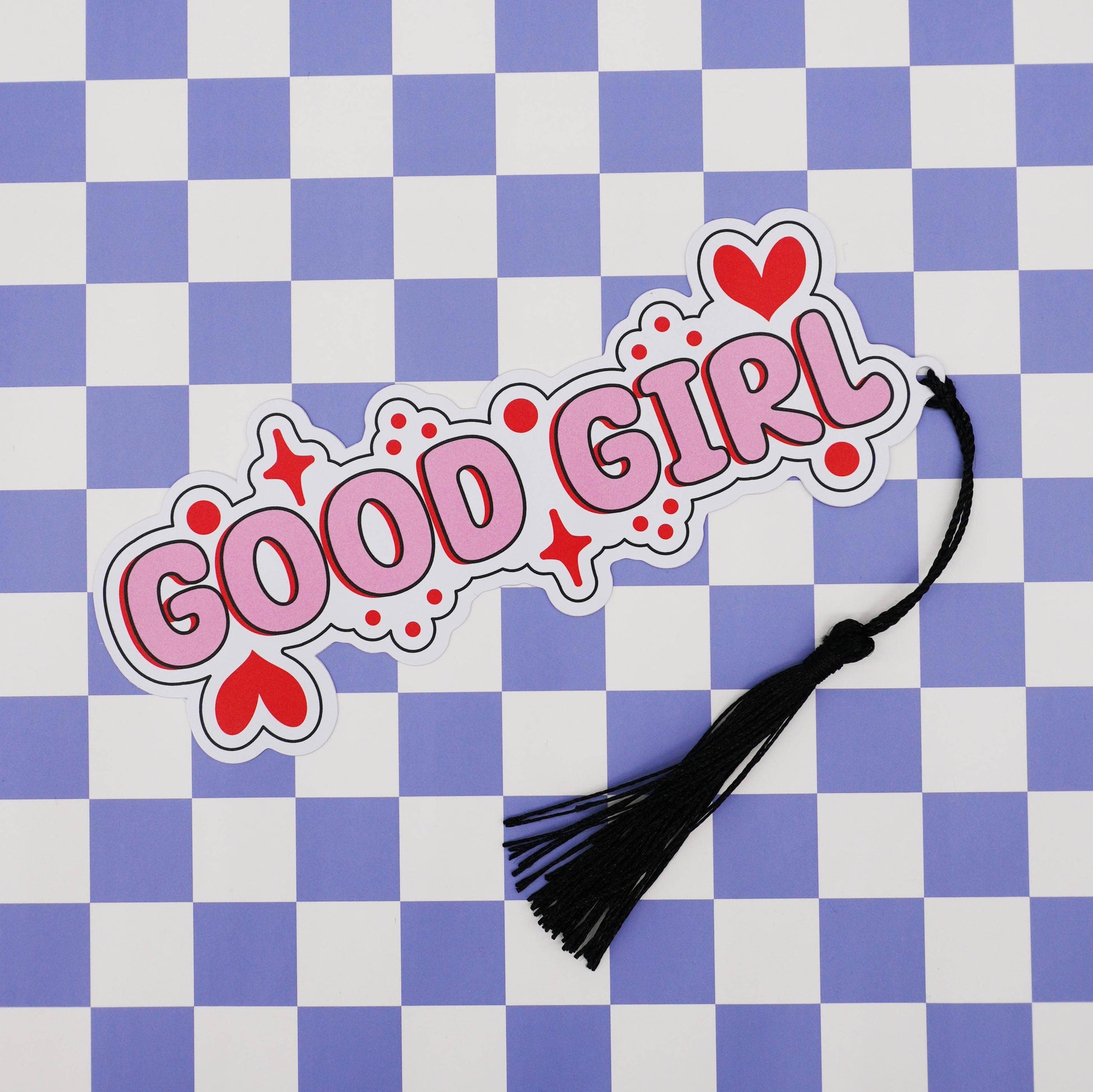 Sticker with 'GOOD GIRL' text and hearts on a checkered background