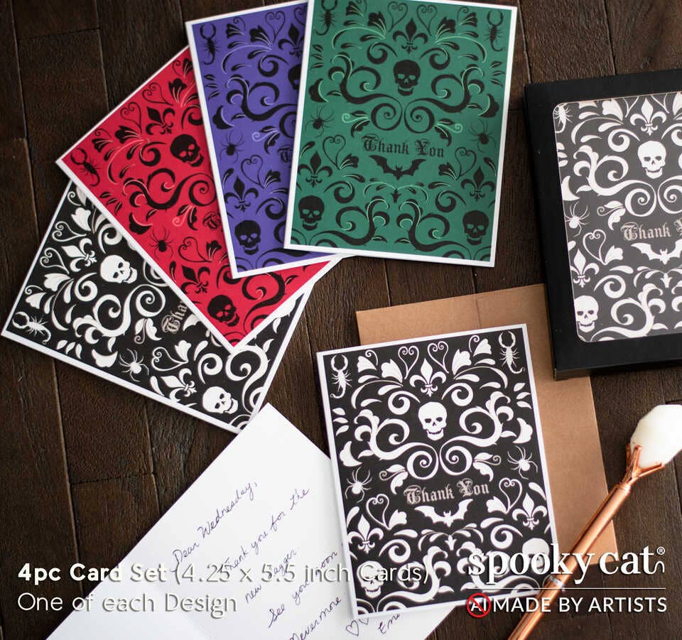 Gothic Thank You Card Set | Skull Damask Stationery – 4 Pack
