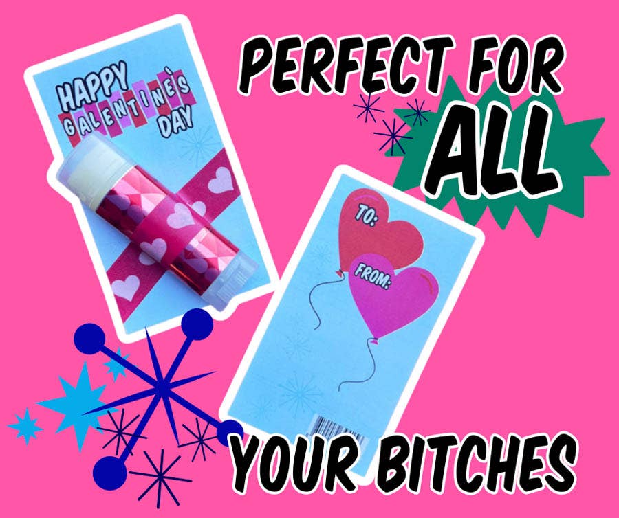 Valentine's Day card with 'Happy Valentine's Day' text and a humorous message on a pink background.