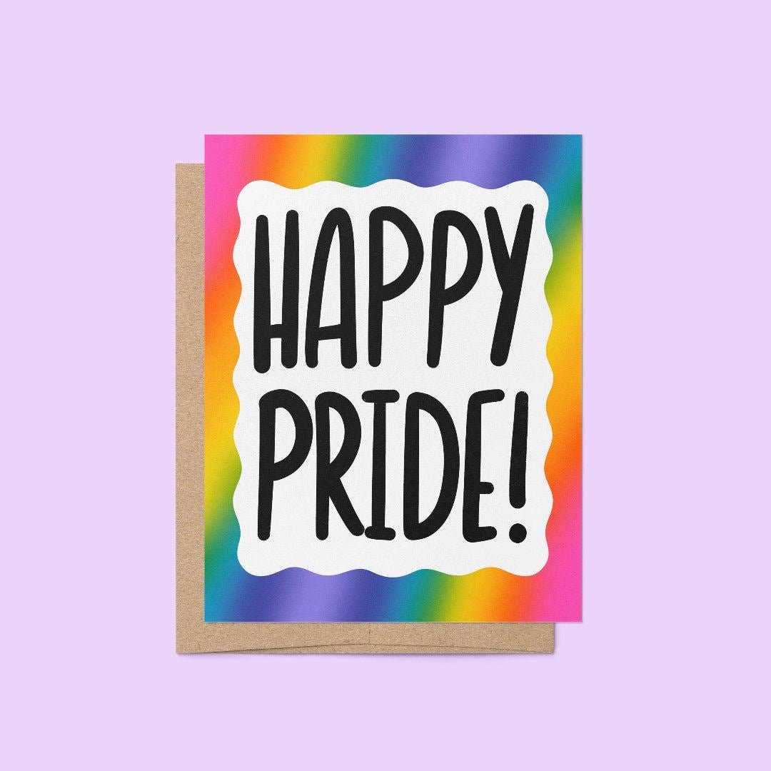 Greeting card with 'Happy Pride!' text on a rainbow background