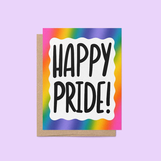 Greeting card with 'Happy Pride!' text on a rainbow background