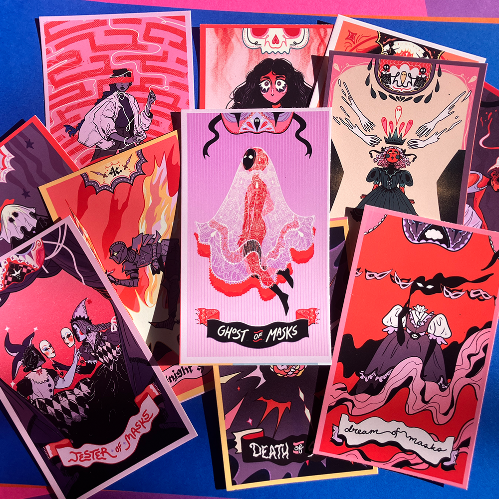 A fan arrangement of illustrated art cards featuring dark gothic and horror-themed designs, including a central pink card titled 'Ghost of Masks,' surrounded by red, black, and purple artwork on a blue background.