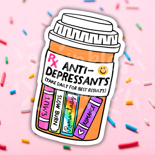 Illustration of a bottle labeled 'Anti-Depressants' with colorful labels on a pink background with sprinkles.