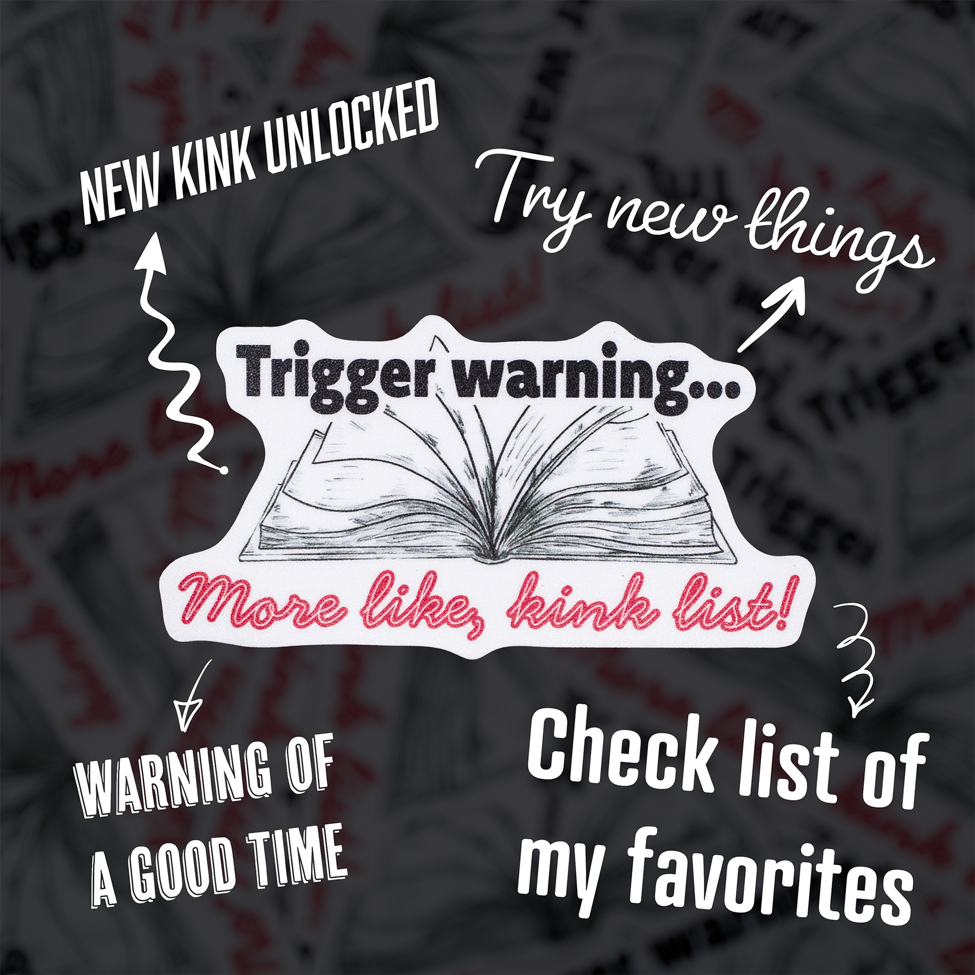 Trigger warning graphic with text and an open book illustration on a blurred background.