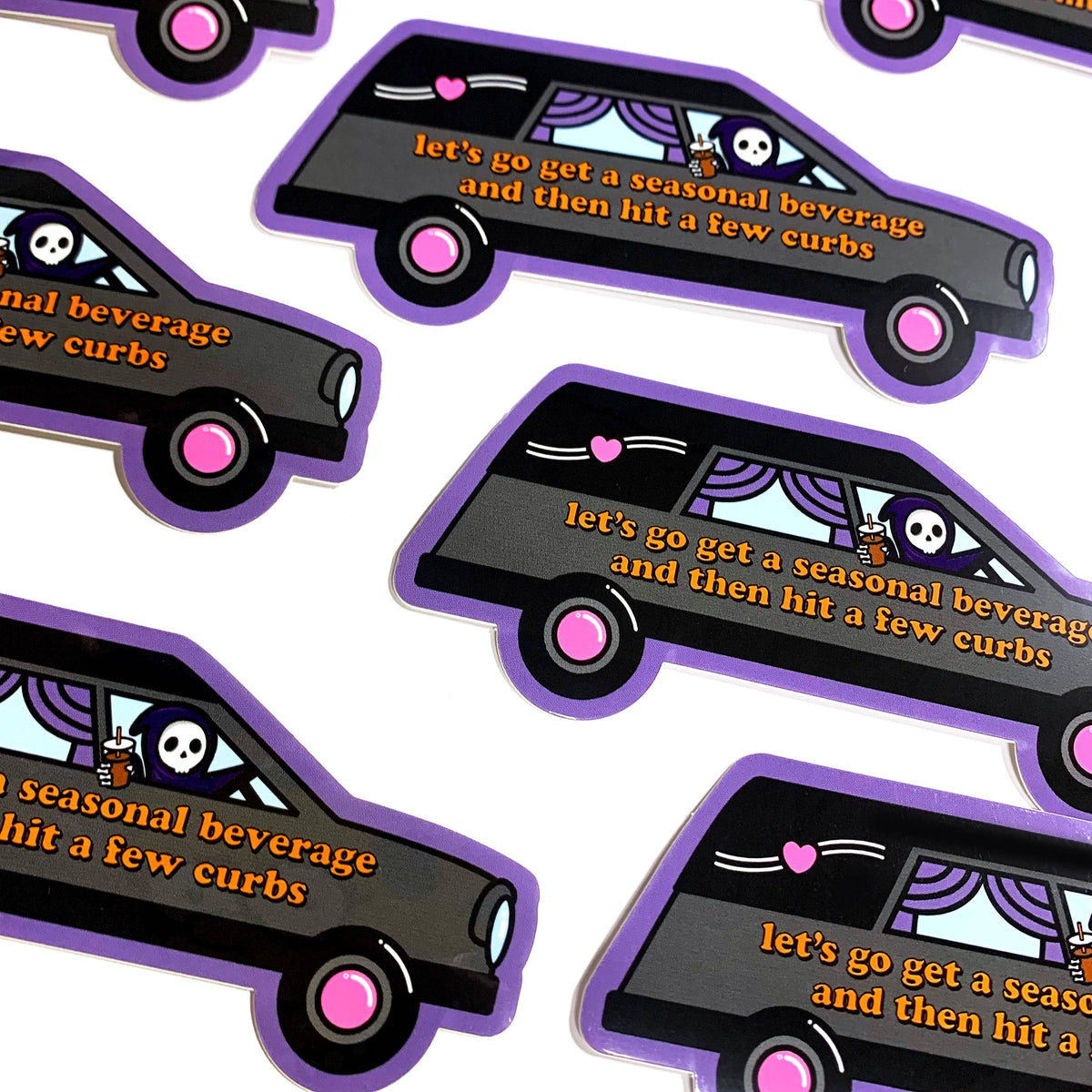 Seasonal Beverage & Hit a Few Curbs Sticker | Funny Grim Reaper Fall Sticker