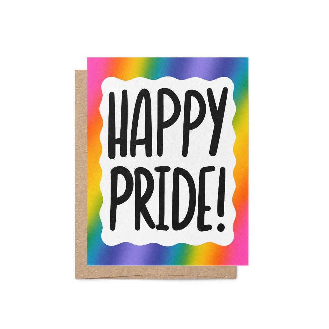 Greeting card with 'Happy Pride!' text on a rainbow background