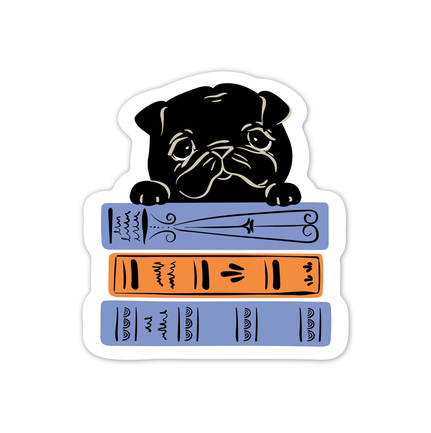 Black Pug & Books Sticker | Bookish Dog Lover Vinyl Sticker