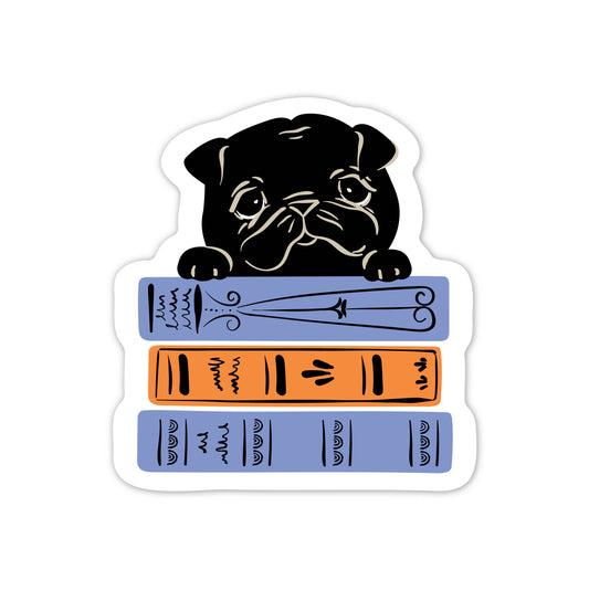 Black Pug & Books Sticker | Bookish Dog Lover Vinyl Sticker