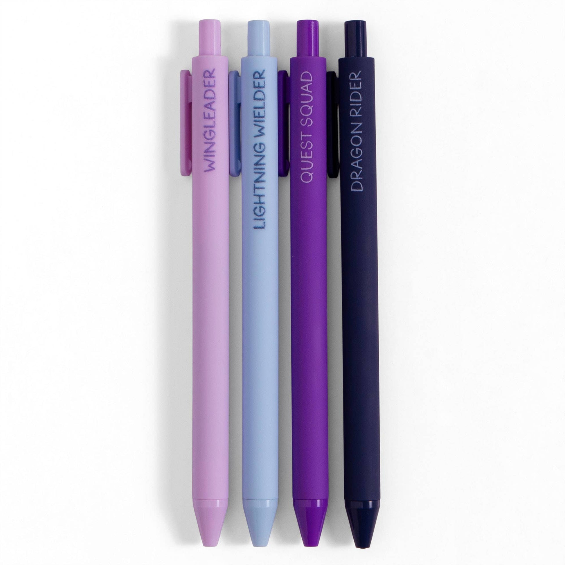 Four pens with different colored bodies and names on a white background