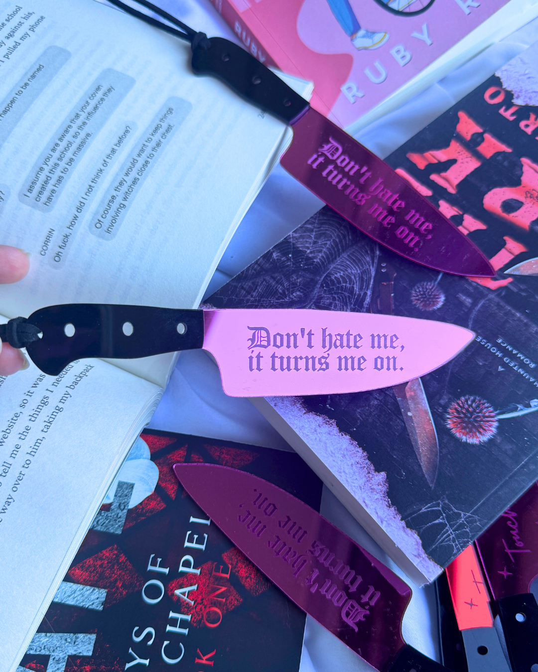 Don’t Hate Me, It Turns Me On – Pink Mirrored Knife Bookmark