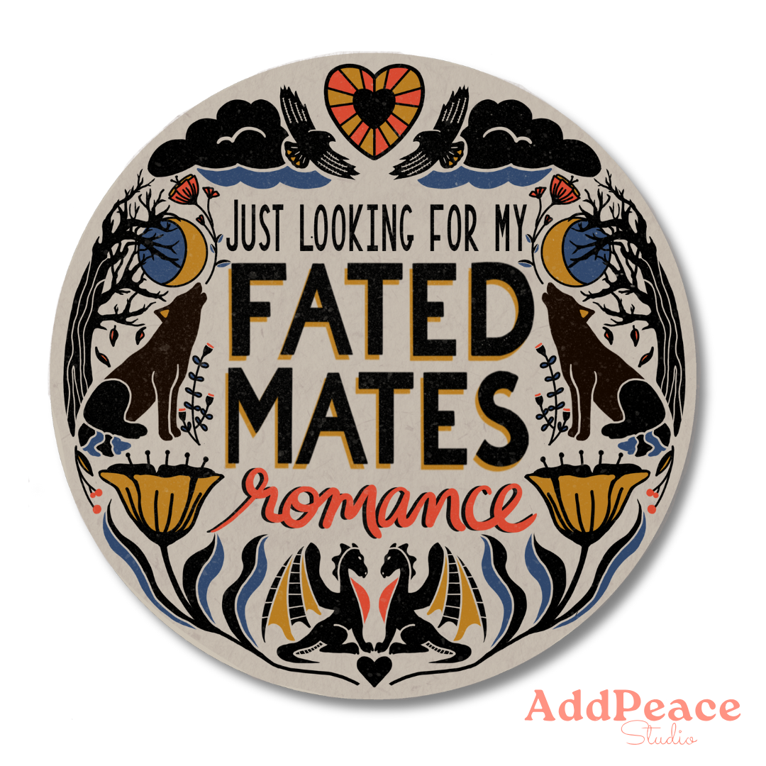 Circular design with text 'Just looking for my fated mates romance' and decorative elements on a white background.