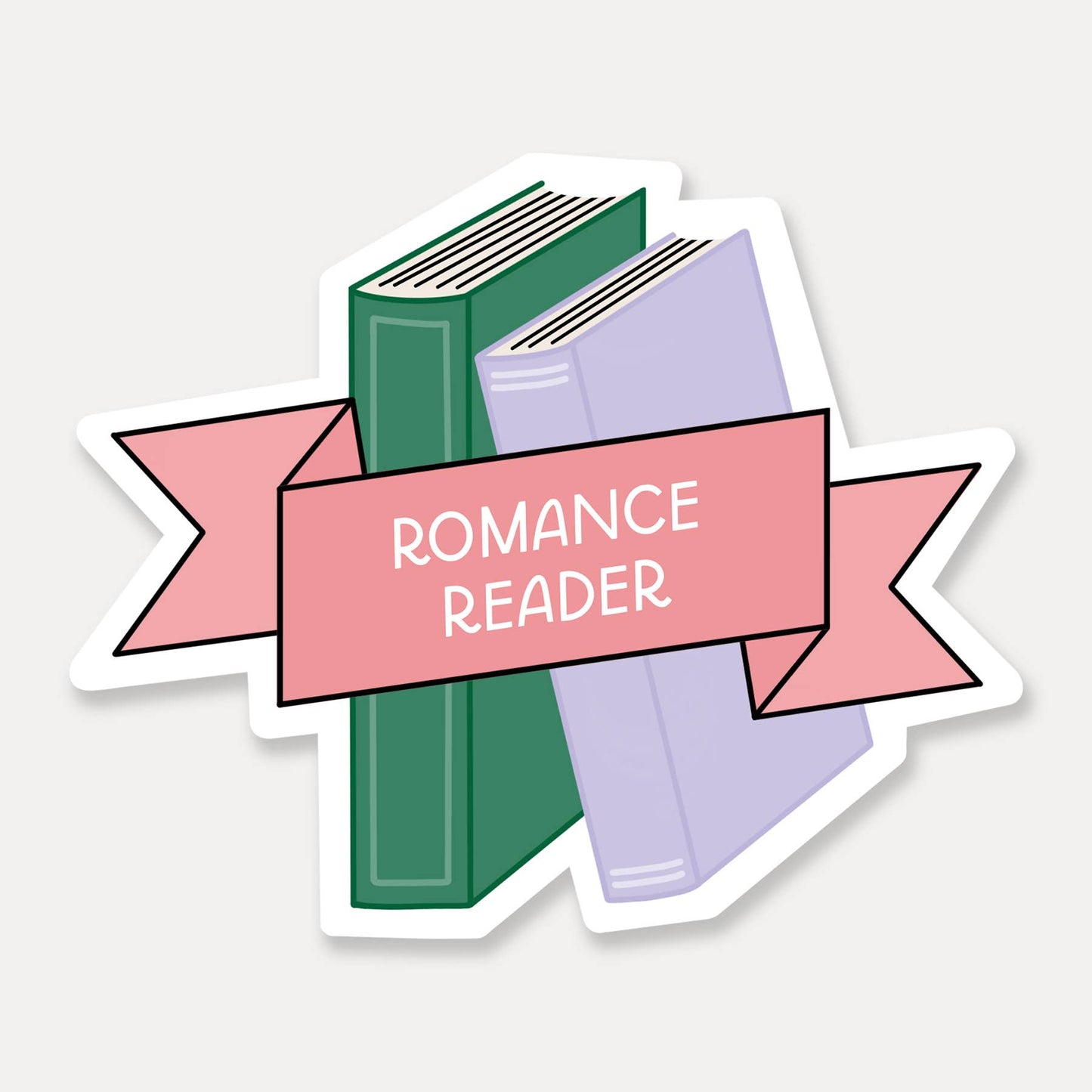 Sticker with books and a pink banner labeled 'ROMANCE READER' on a light gray background